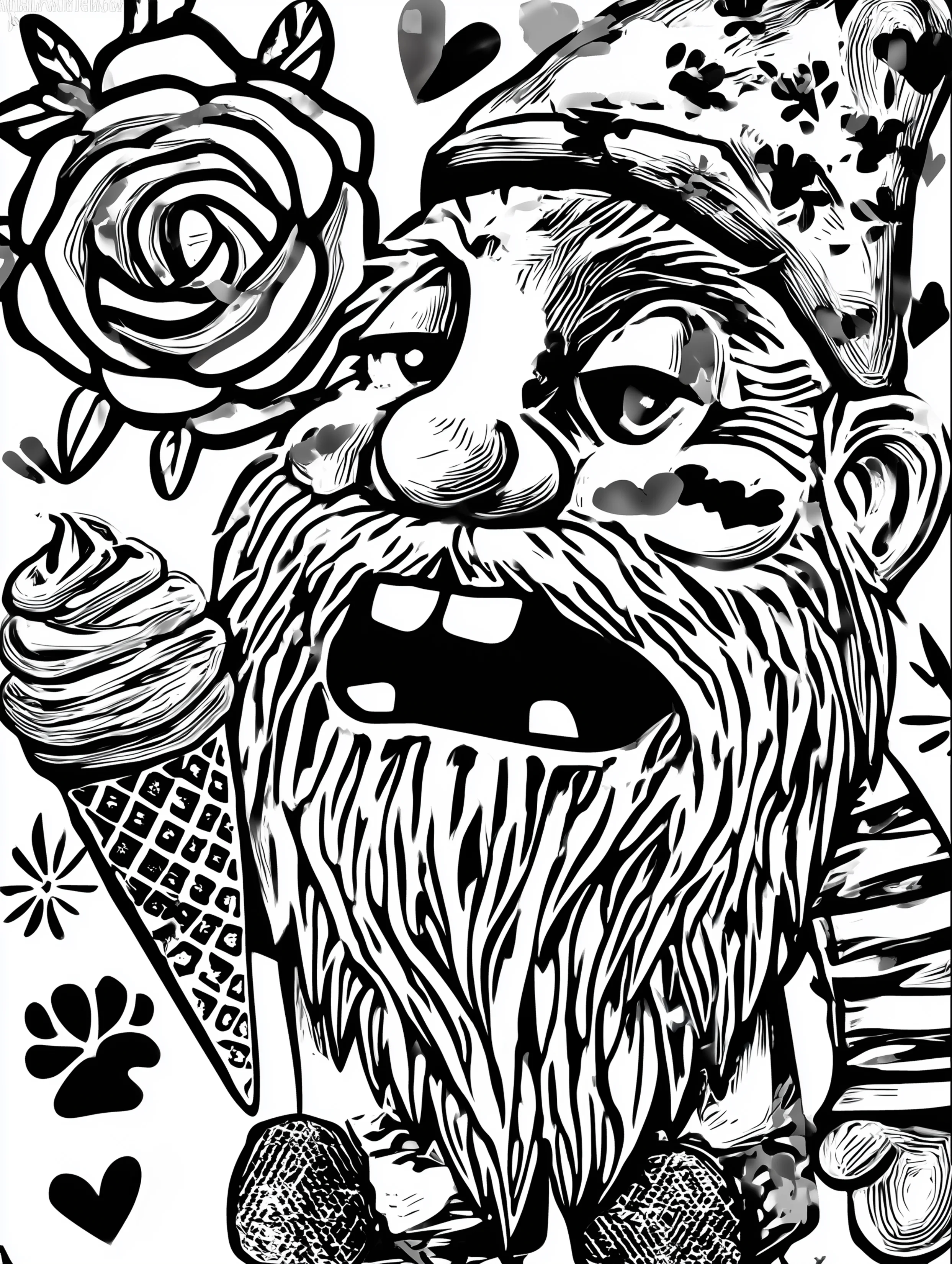 Free printable gnome coloring page for adults featuring an upset gnome with ice cream